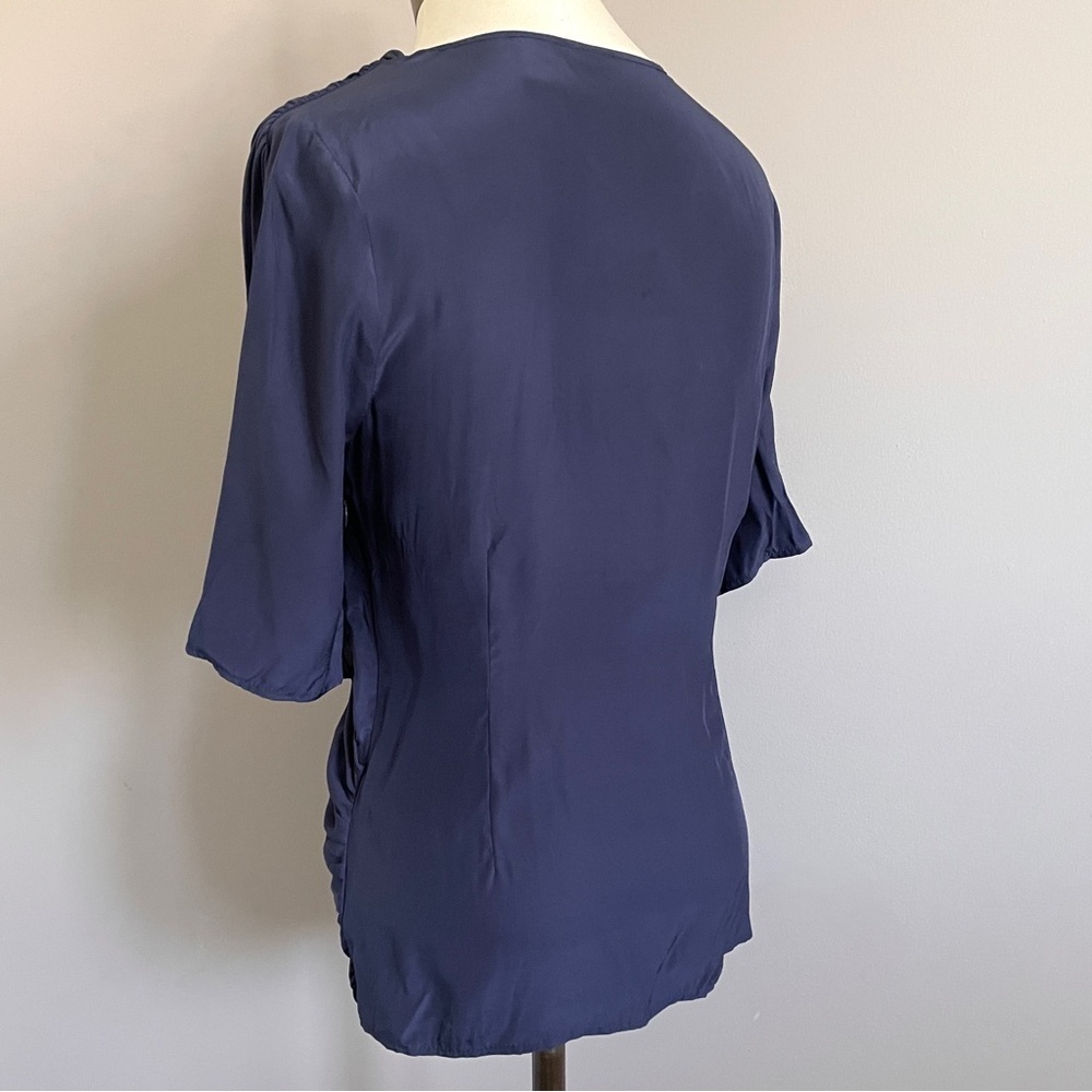 Blue Crisscross Drape Front Short Sleeve Silk Blouse - S - Picture 7 of 9